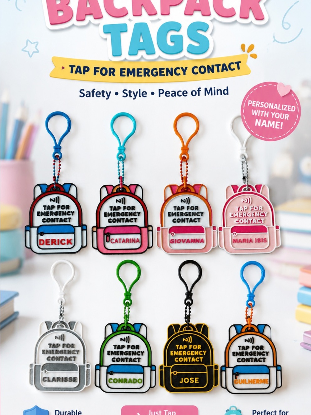 Personalized Emergency Contact Backpack Tag Keychain - Pink